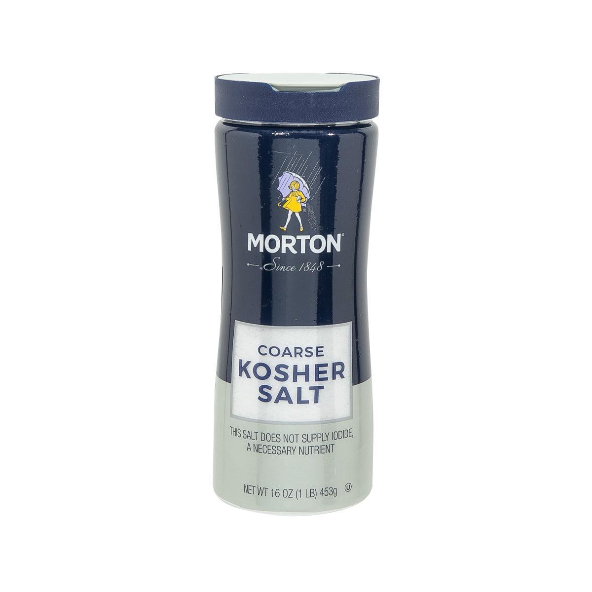Coarse kosher salt container with blue label and MORTON logo, net wt 16 oz (453 g)