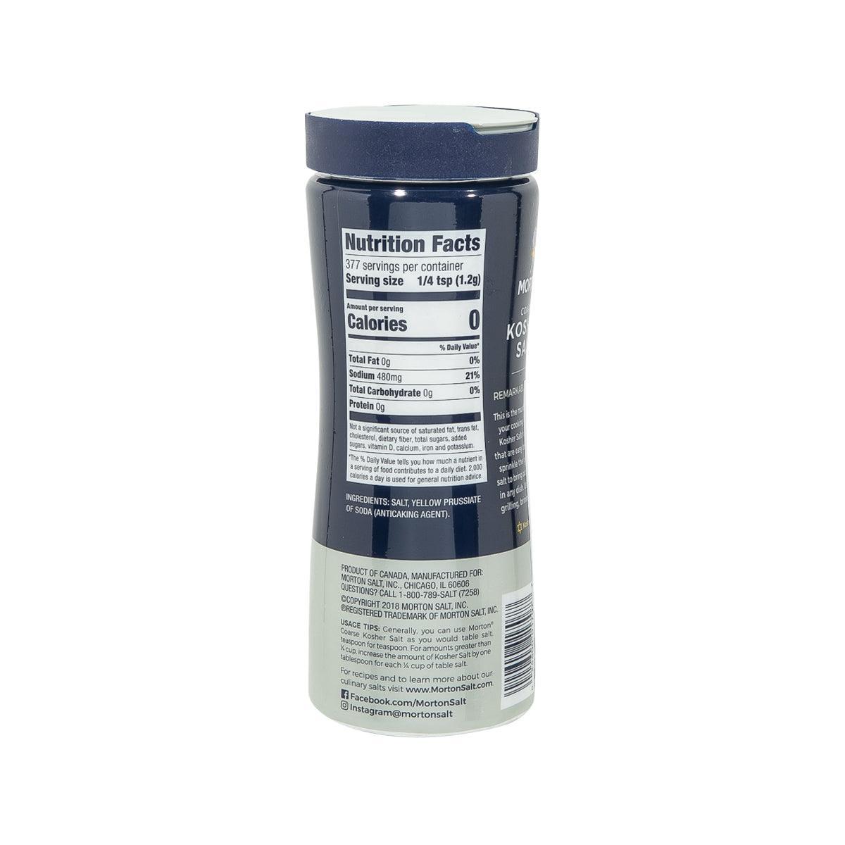 Coarse kosher salt jar with nutrition facts panel on the back, net wt 16 oz (453 g)