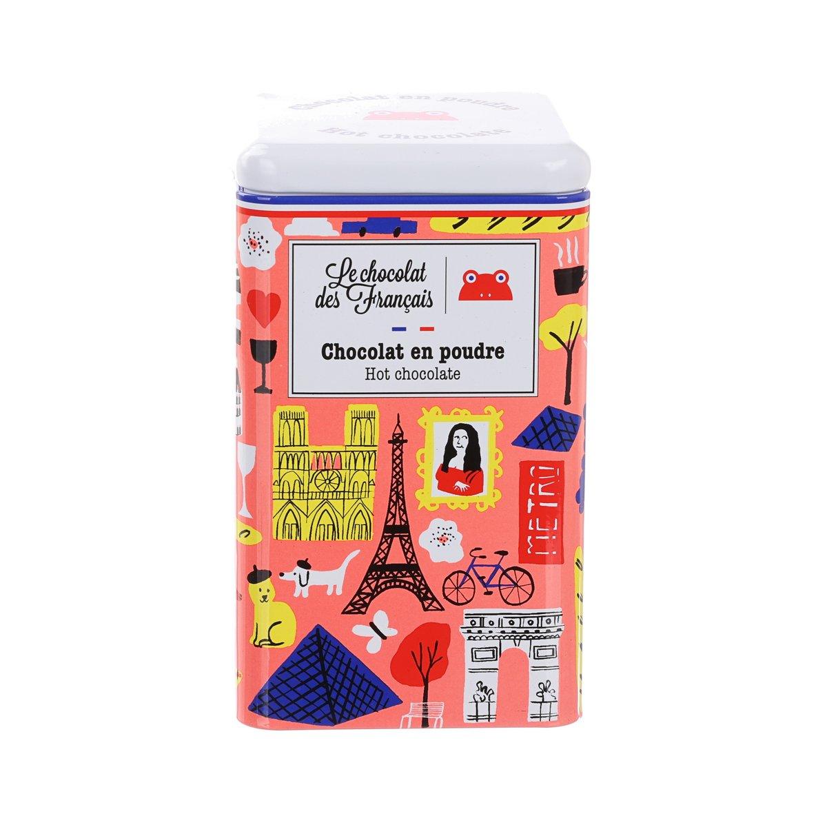 Red hot chocolate powder tin with front label and blue lid