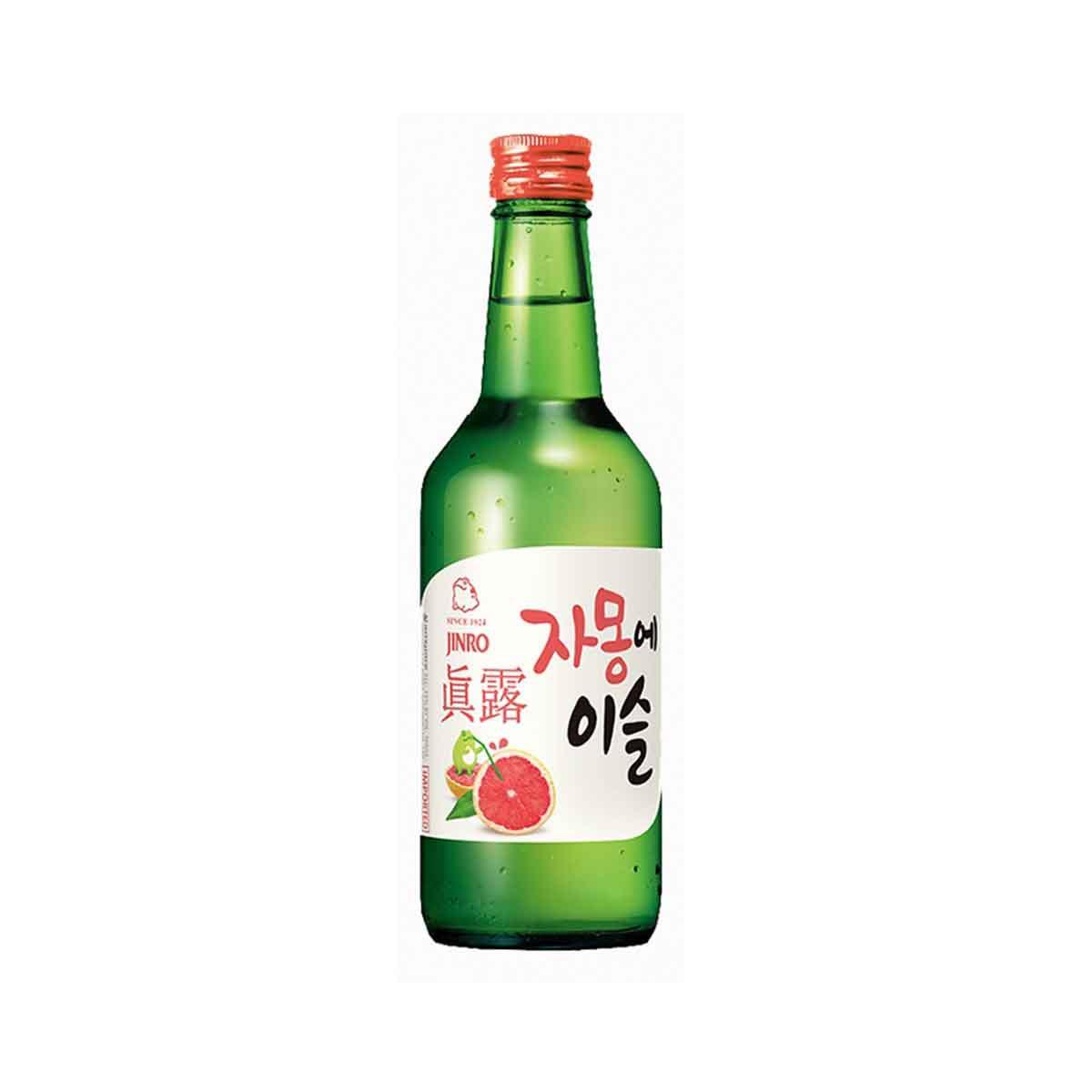 JINRO green grape soju bottle with red cap and green glass