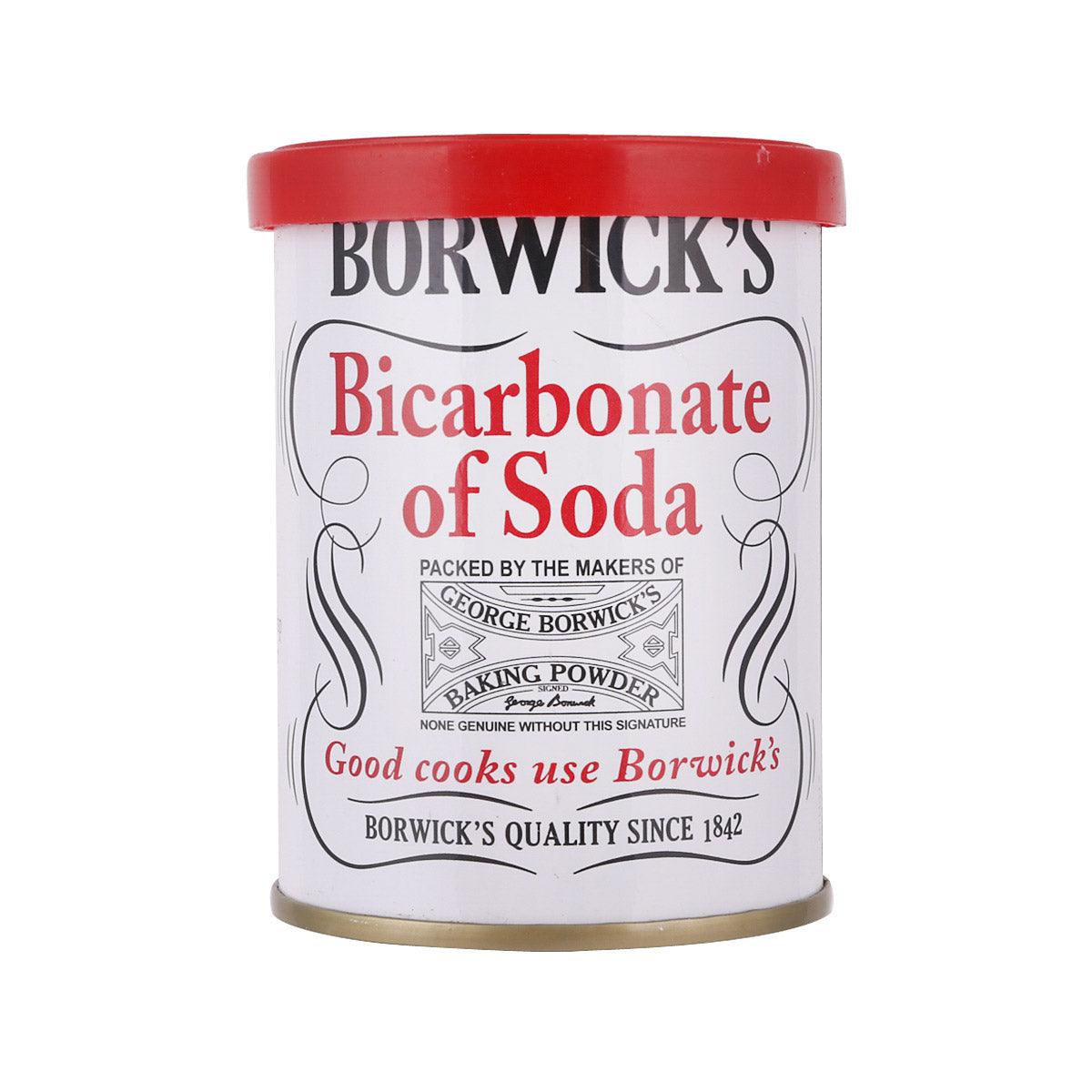 BORWICKS bicarbonate of soda jar with red lid, 100g baking powder label