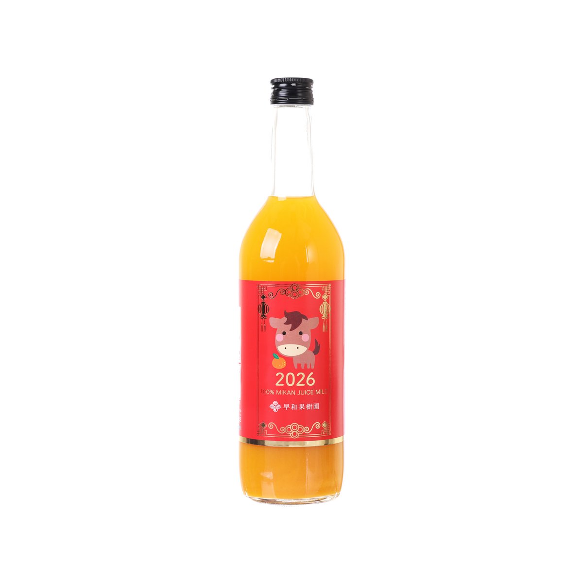 Orange mikan juice bottle with front label, black cap, Year of Horse 2026