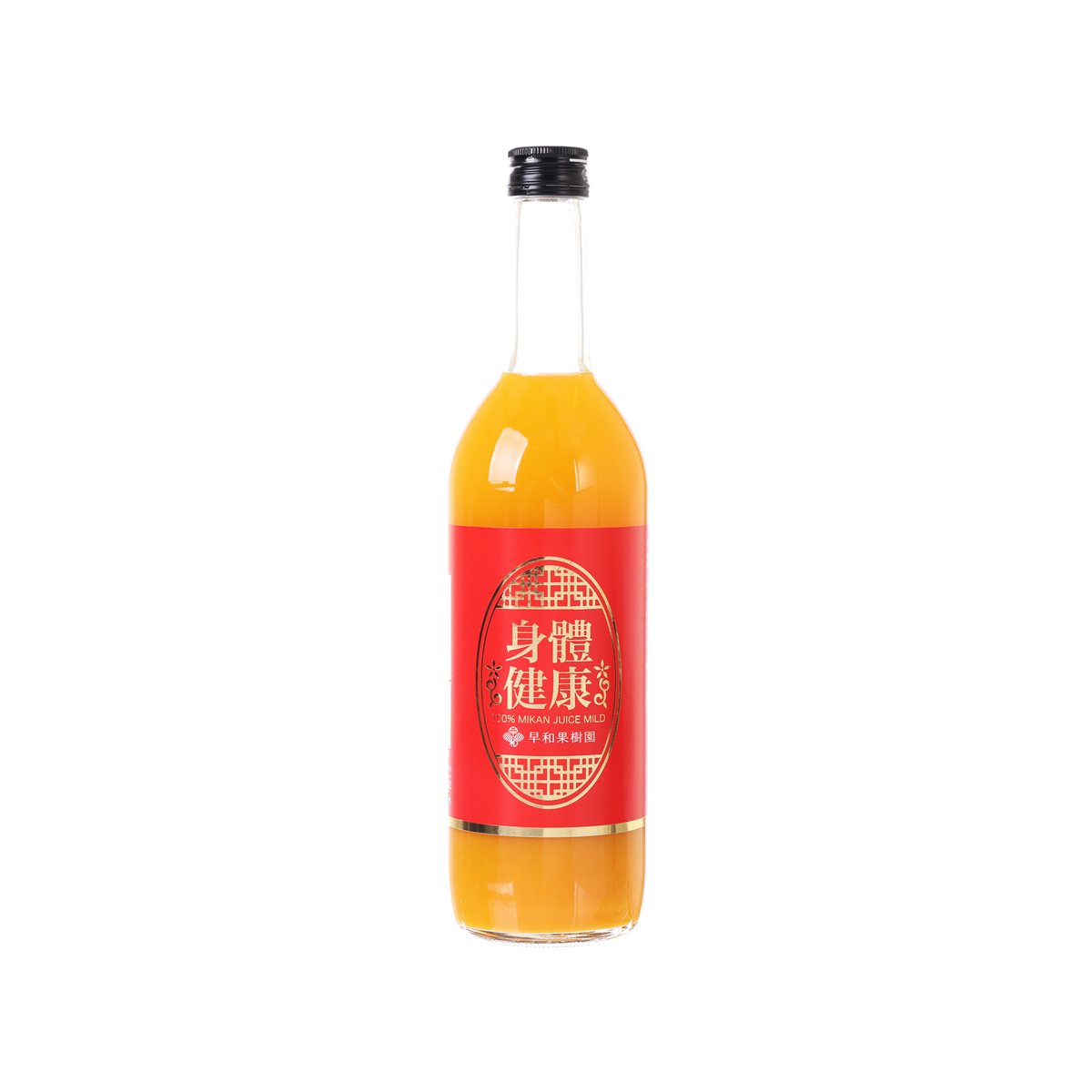 Orange mikan juice bottle with black cap and front red label, 720 mL