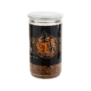 Chicken floss with seaweed and sesame in clear plastic jar, dark brown topping