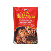 Spicy duck blood seasoning pouch, red front with food photo and 450g pack