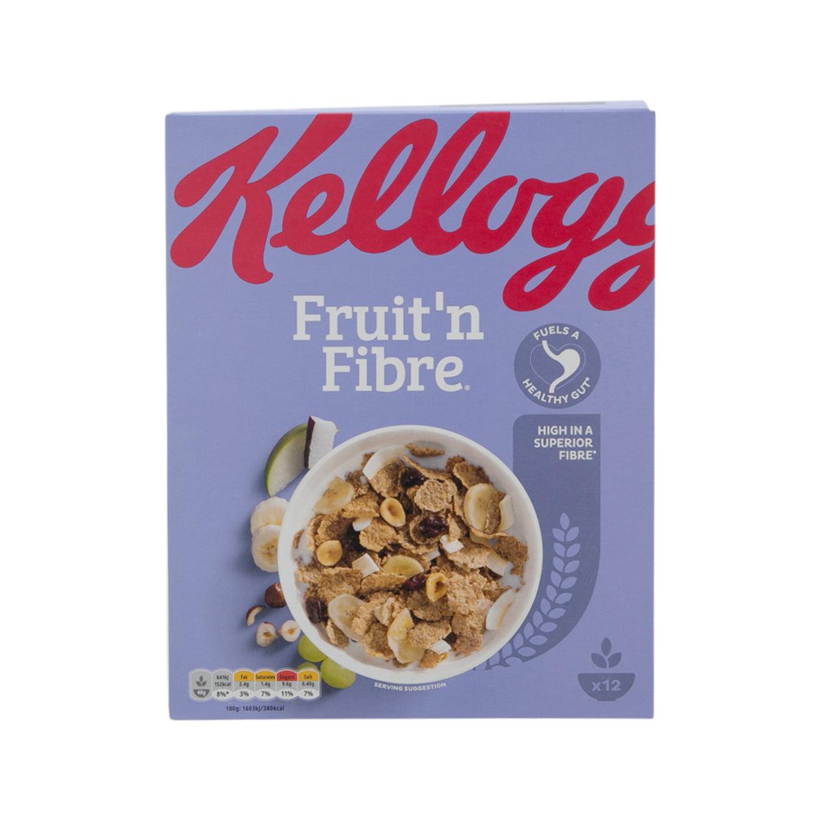 Kellogg's Fruit 'n Fibre cereal box, blue front with bowl of cereal