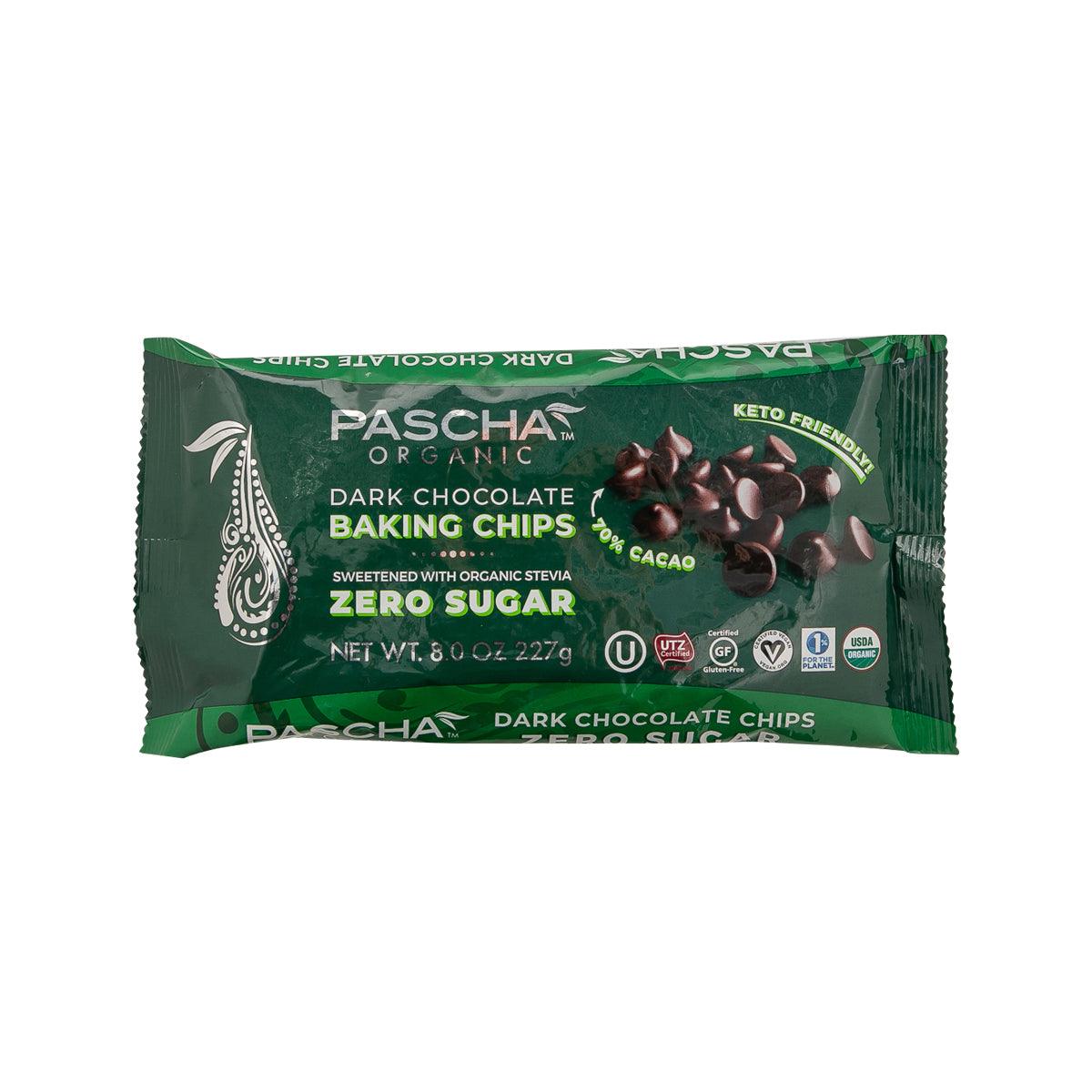 Dark chocolate baking chips package, green front with PASCHA organic zero sugar
