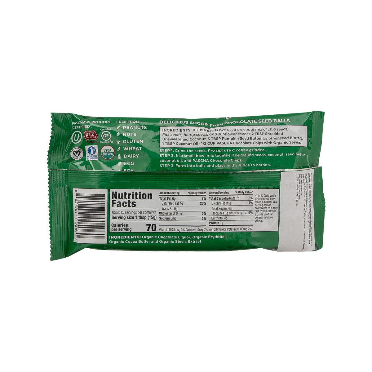 Dark chocolate baking chips package back with Nutrition Facts and ingredient text