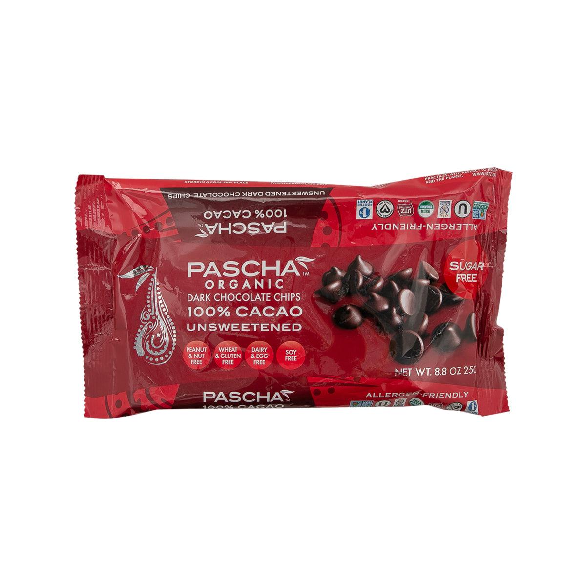 Organic sugar-free dark chocolate chip pouch, red with chip graphic