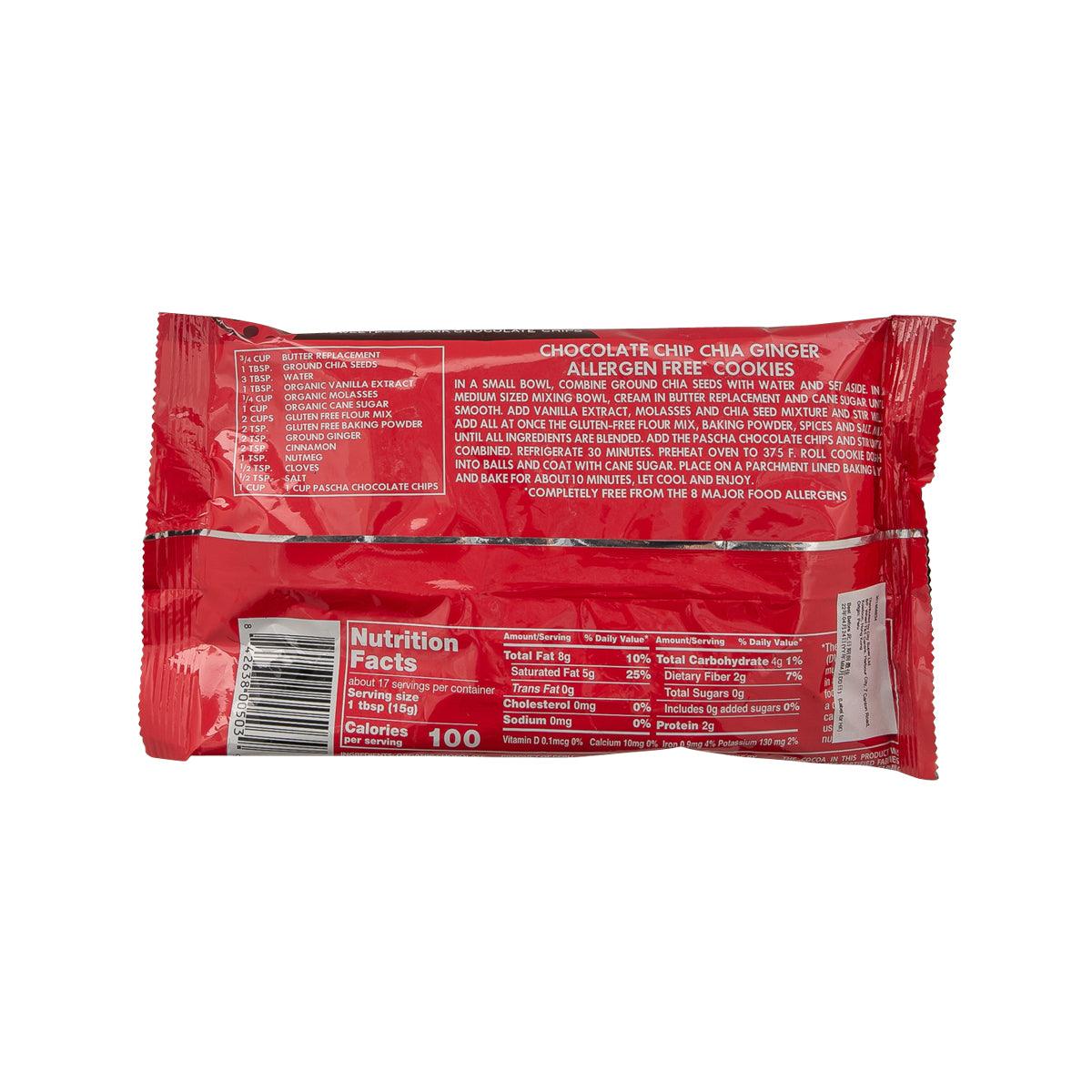 Organic sugar-free dark chocolate chip pouch, back with nutrition facts