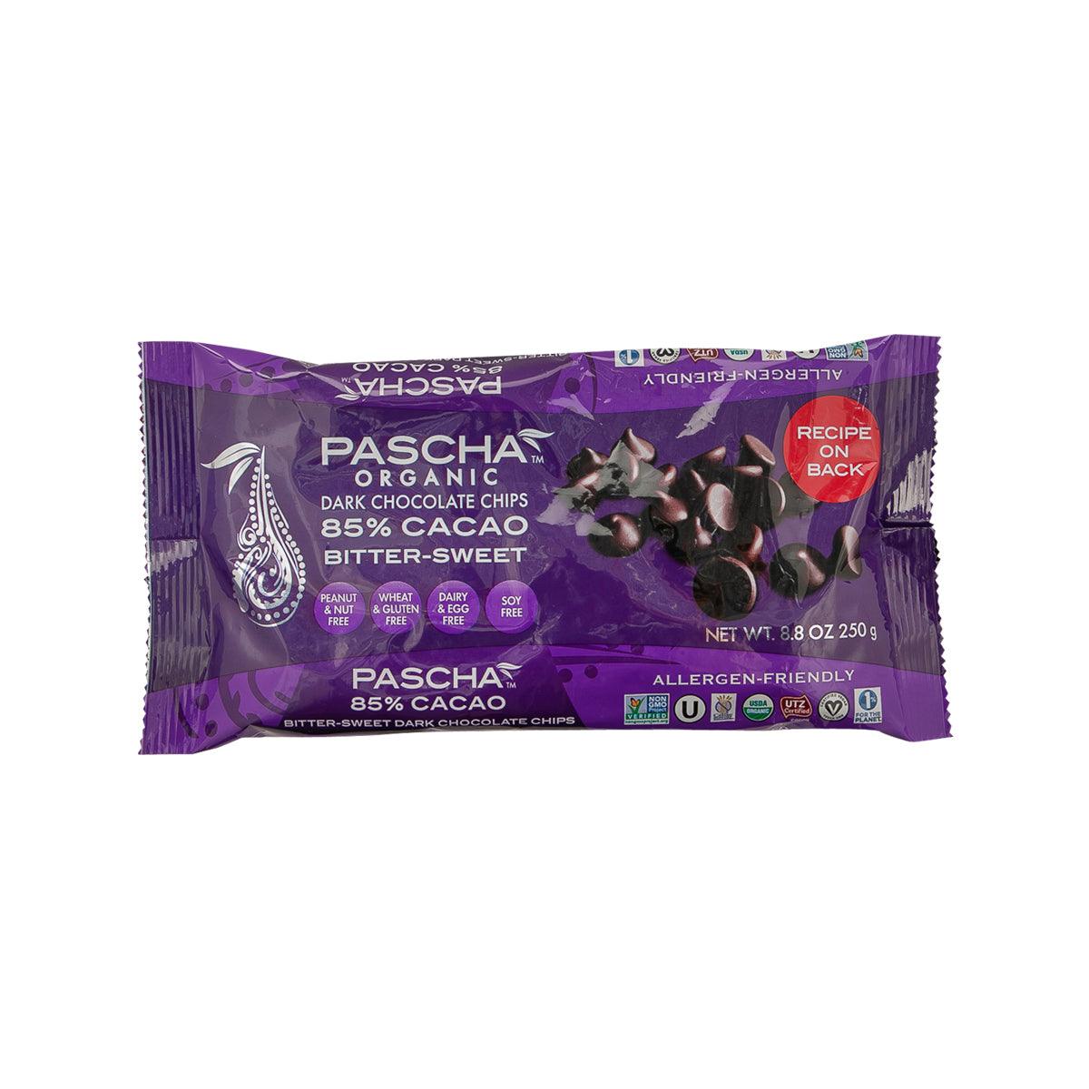 PASCHA dark chocolate chips bag, 85% cacao bitter-sweet