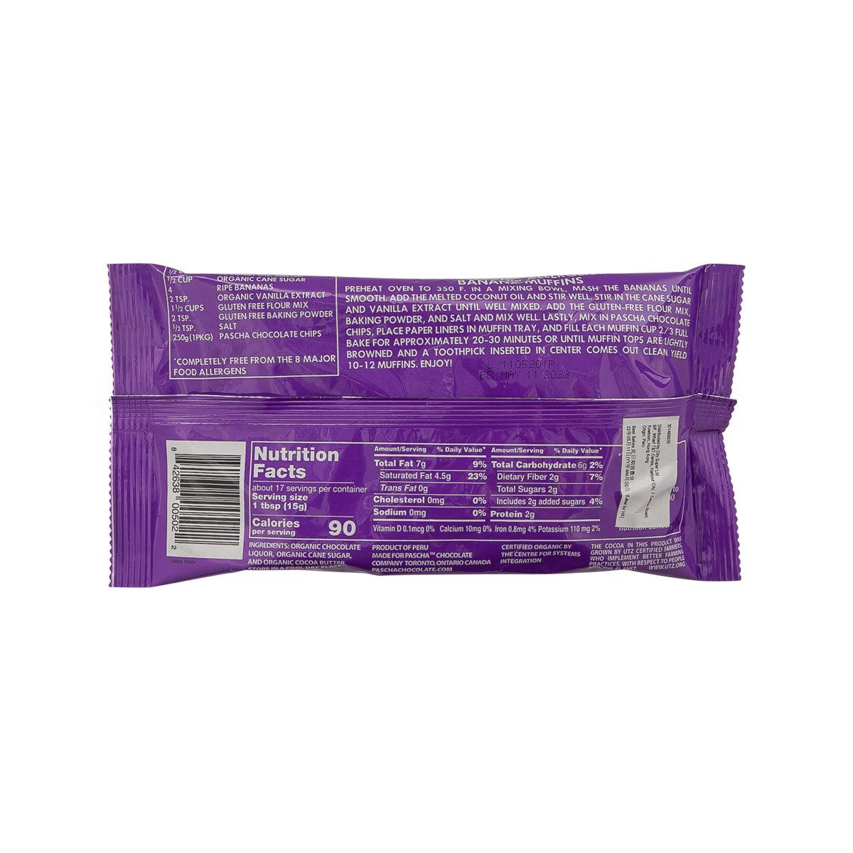 PASCHA dark chocolate chips bag, nutrition facts on back panel