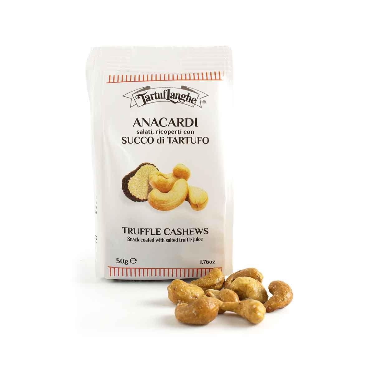 Truffle cashews snack pouch with branded white bag and scattered coated cashews, 50g