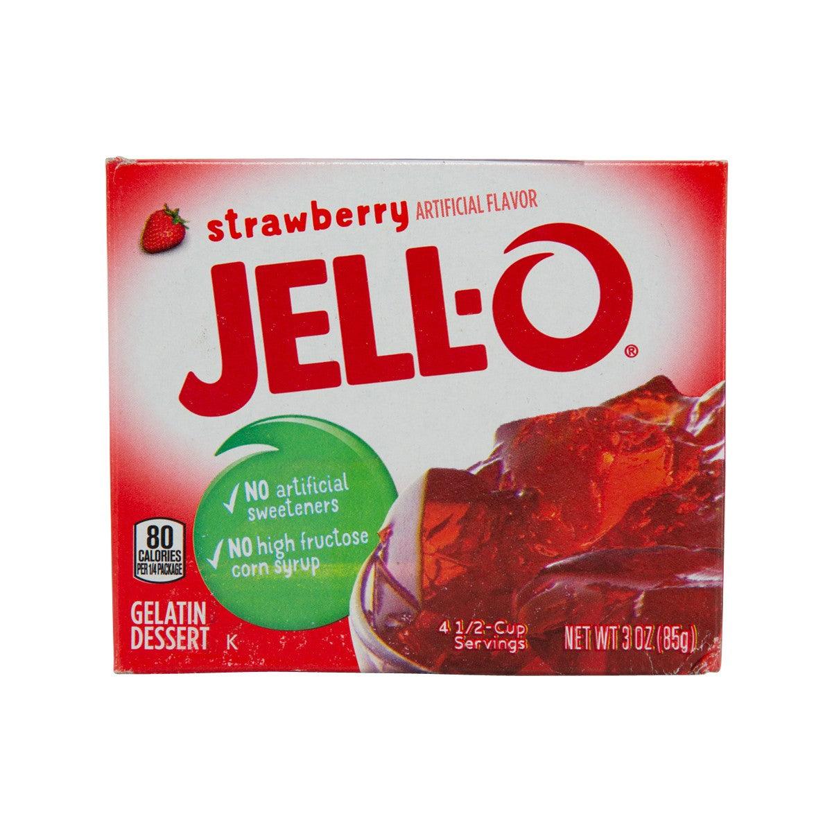 JELL-O Strawberry gelatin dessert mix box with red label and serving illustration