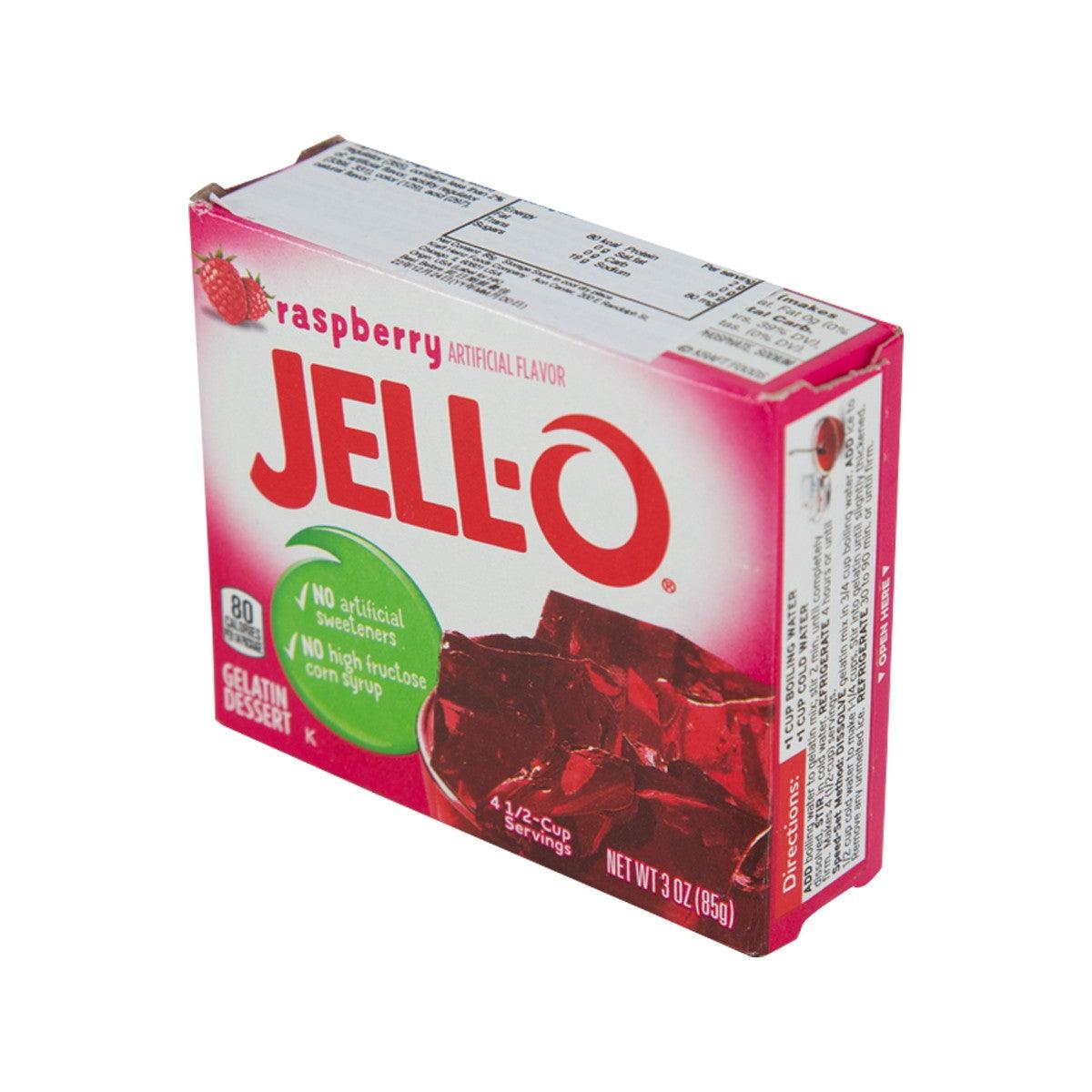 JELL-O raspberry gelatin dessert mix box, side view