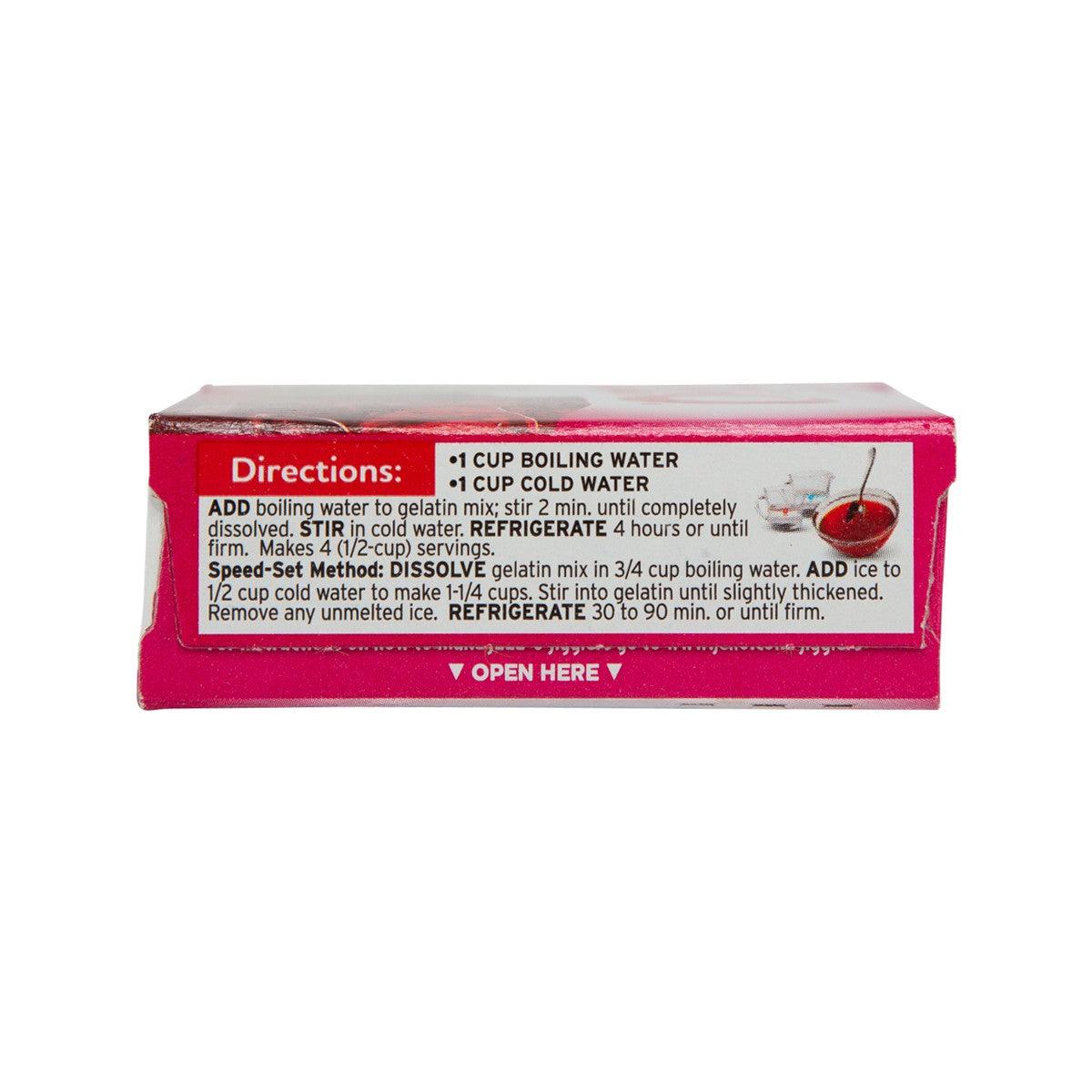 JELL-O raspberry gelatin dessert mix box, directions panel