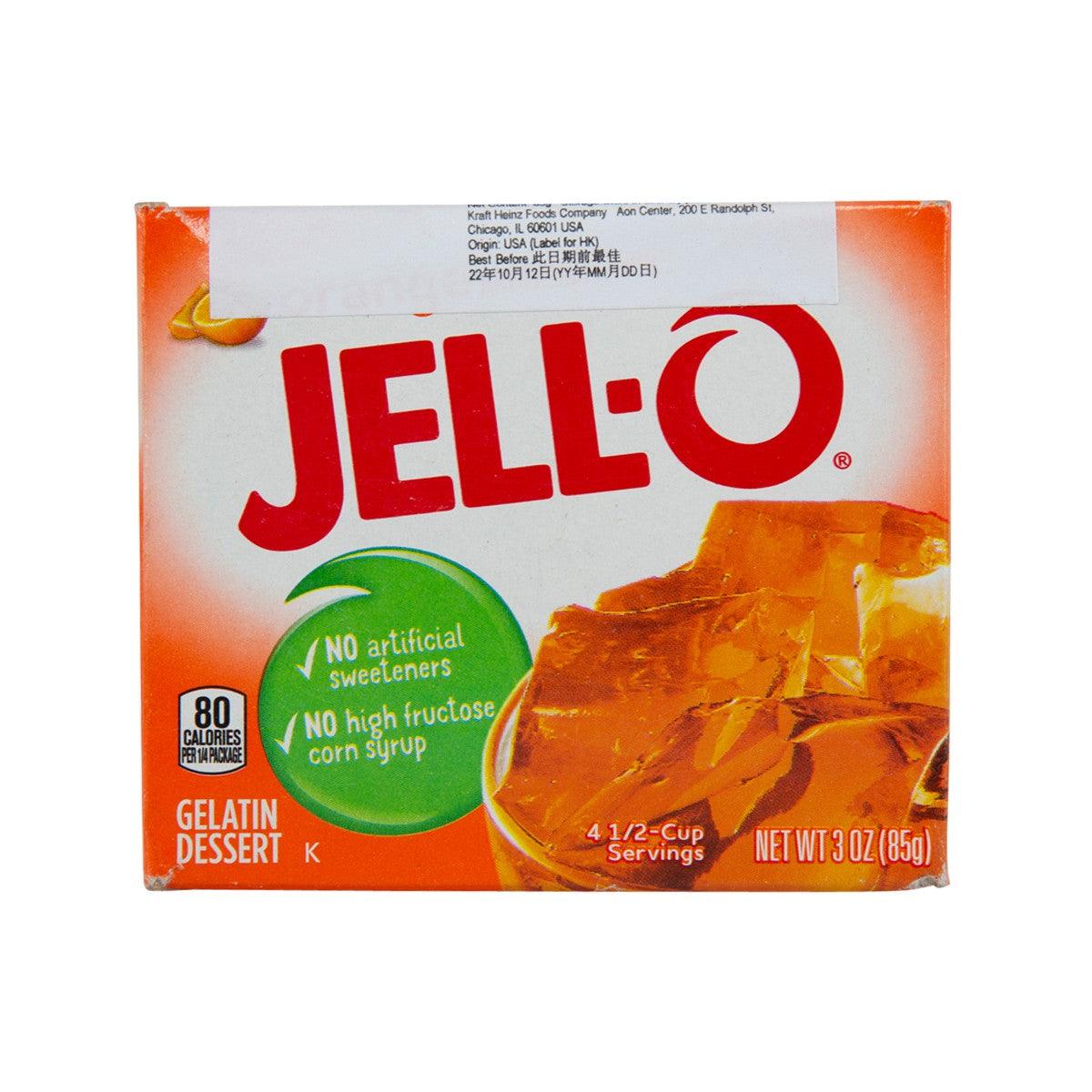 JELL-O orange gelatin dessert mix box, 85 g