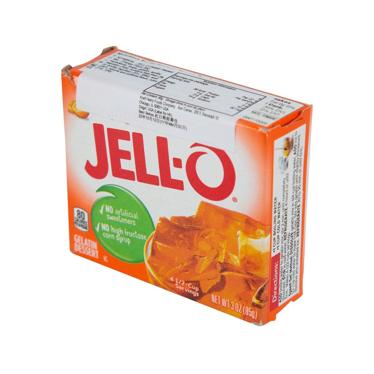 JELL-O orange gelatin dessert mix box, side view, 85 g