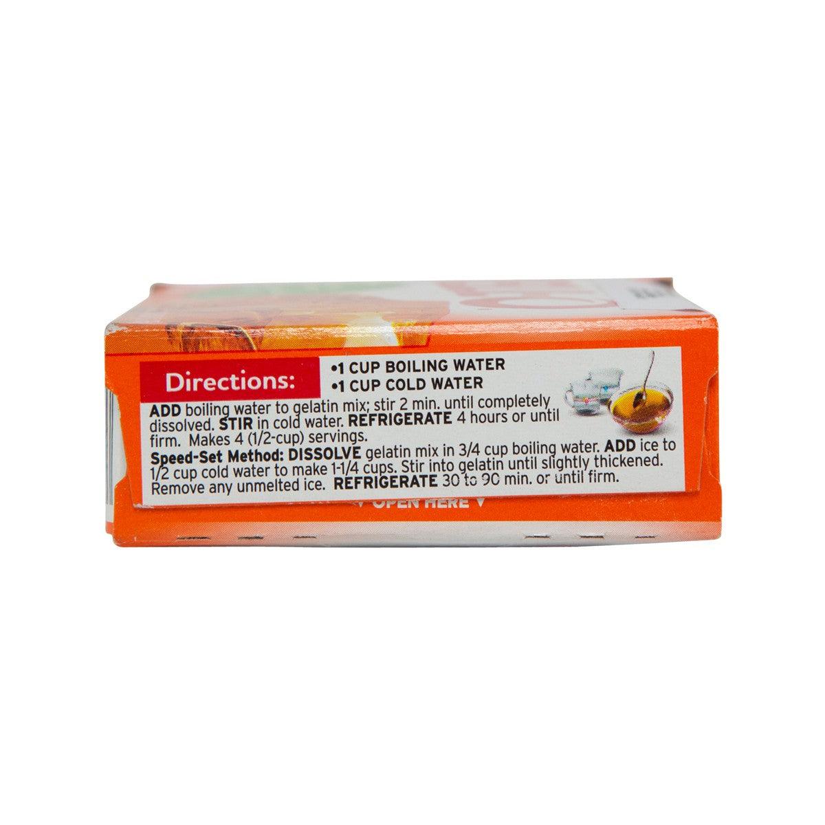 JELL-O orange gelatin dessert mix box with directions panel, 85 g