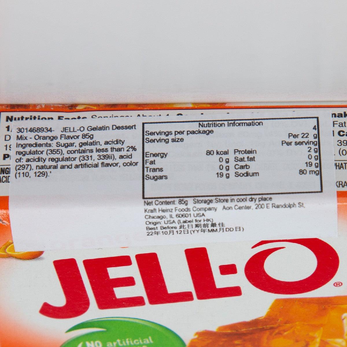 JELL-O orange gelatin dessert mix box nutrition facts panel, 85 g