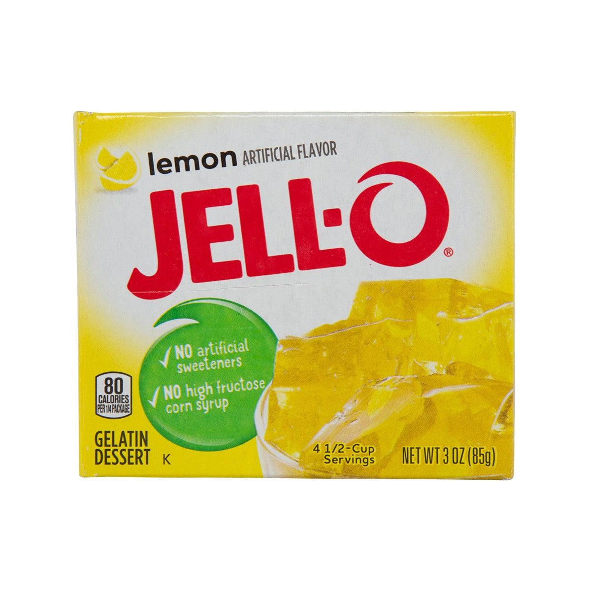 Lemon artificial flavor gelatin dessert mix box, yellow packaging, 85 g net wt