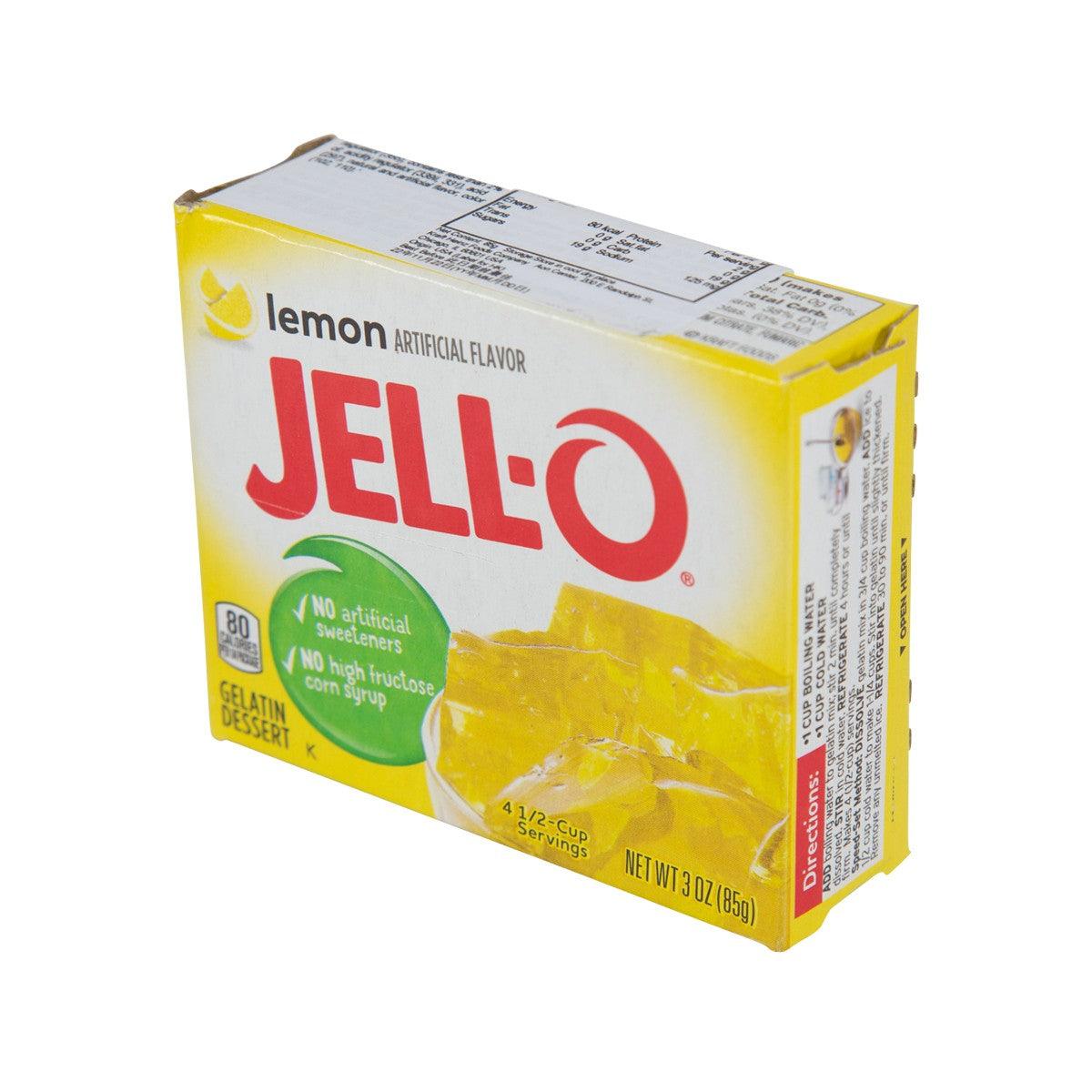 Lemon gelatin dessert mix box with side panel and servings info, yellow 85 g