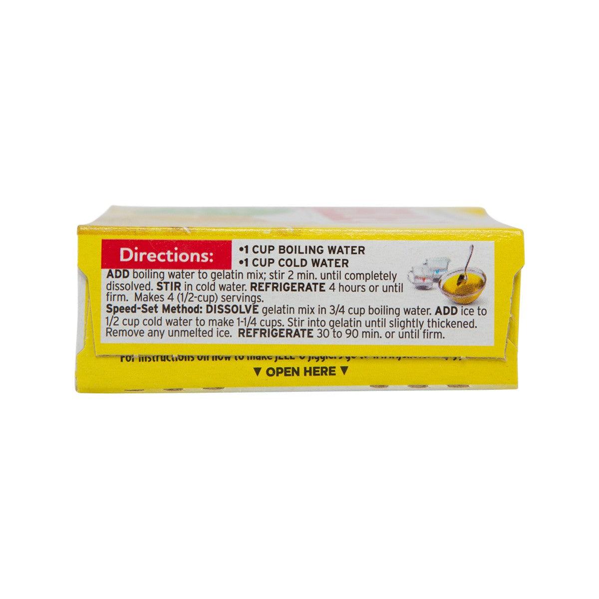 Lemon gelatin dessert mix box back panel with directions, 85 g net wt