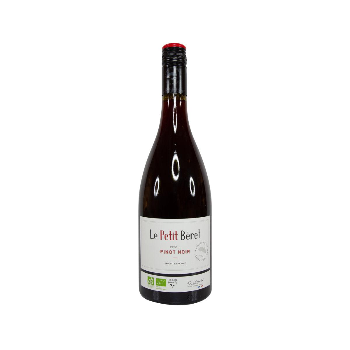 LE PETIT BERET alcohol-free Pinot Noir beverage bottle, dark glass with front label