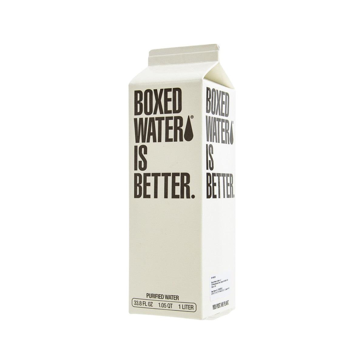 BOXED WATER IS BETTER purified water 1L carton, two side panels with logos