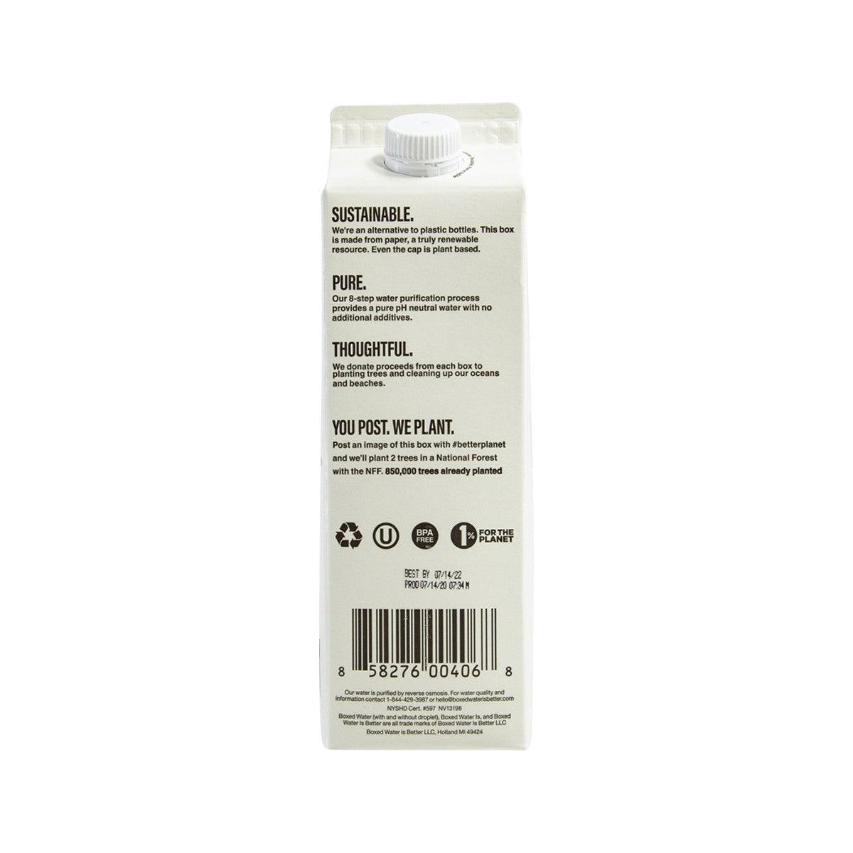BOXED WATER IS BETTER purified water 1L carton, white cap on back panel