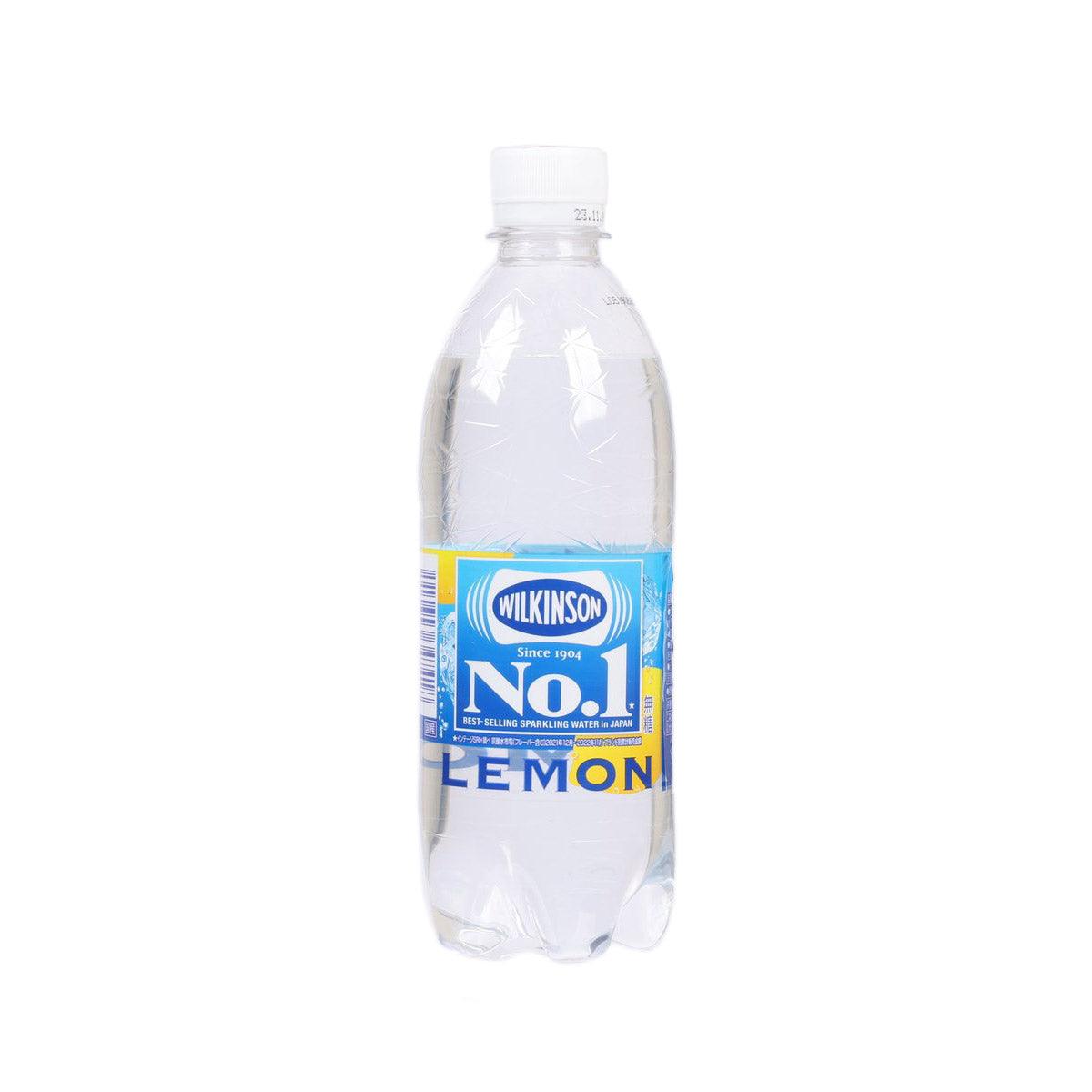 Lemon flavored carbonated water bottle, clear 500 mL plastic with blue label