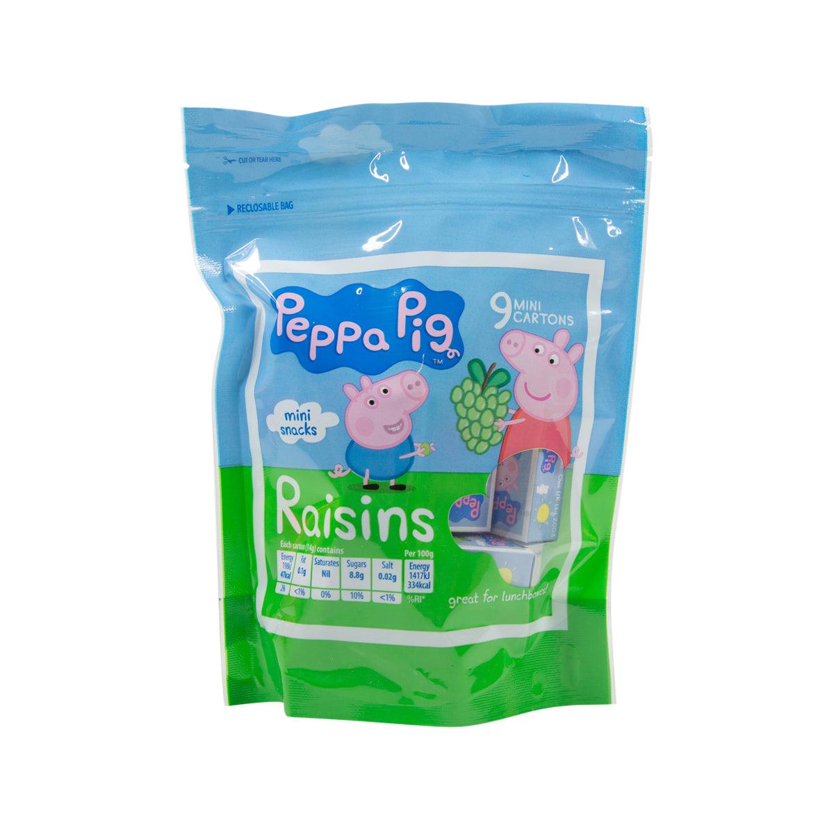 Peppa Pig raisins mini snack pouch, blue and green front with cartoon characters
