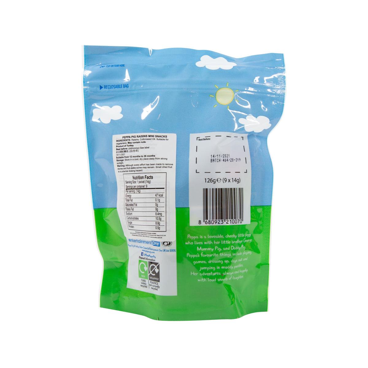 Peppa Pig raisins mini snack pouch, back with nutrition table and barcode