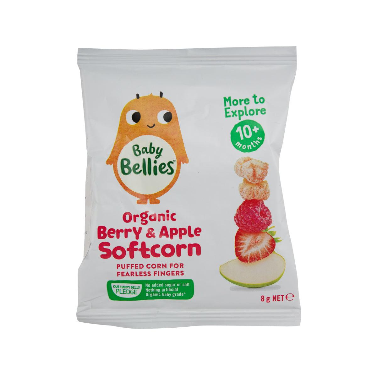 Organic Berry & Apple Softcorn pouch with LITTLE BELLIES label and 10+ months badge
