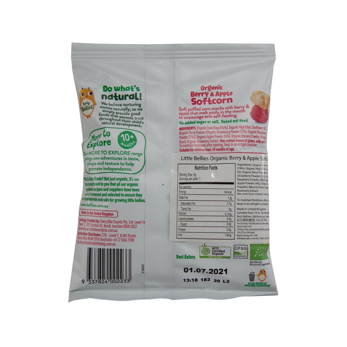 Organic Berry & Apple Softcorn pouch back with feeding info panel and barcode