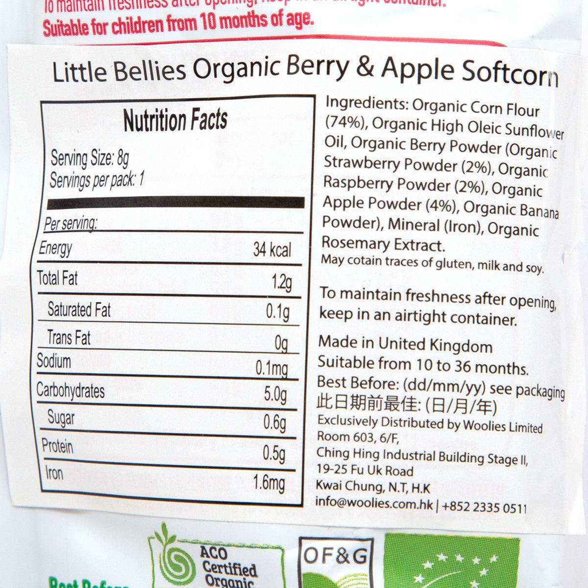 Nutrition facts panel for Organic Berry & Apple Softcorn pouch, ingredients and allergens