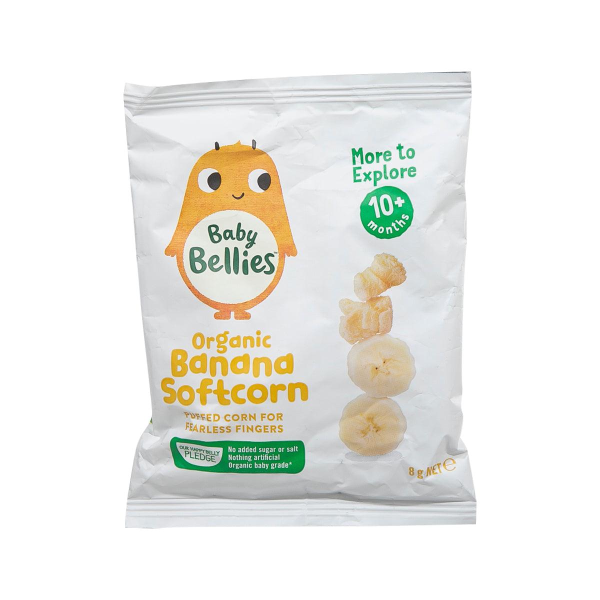 Organic banana softcorn baby snack pouch, white pack with cartoon label