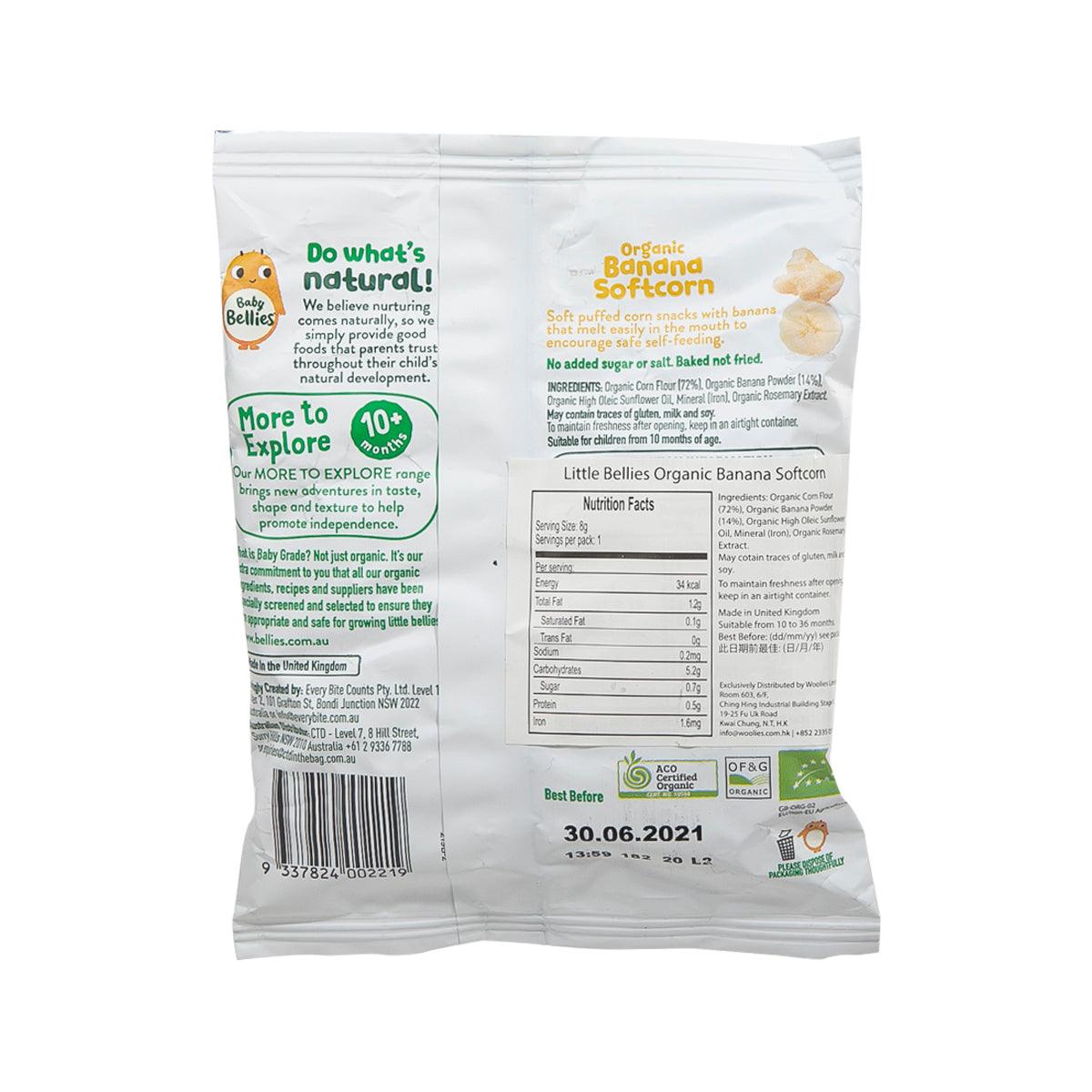 Organic banana softcorn snack pouch, back side with nutrition facts and ingredients