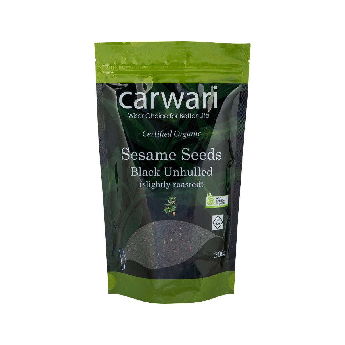 Organic black unhulled sesame seeds in green-and-black stand-up pouch