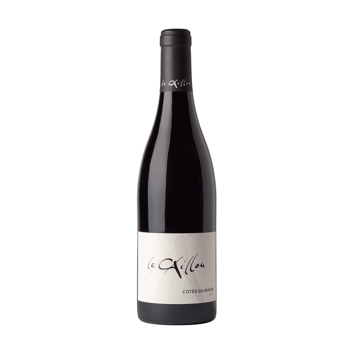 Wine bottle with dark glass and cream label with script text