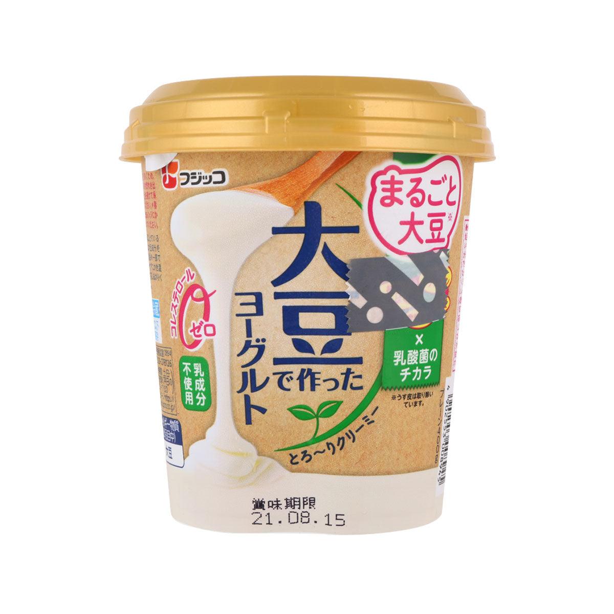 FUJICCO soybean yogurt cup with tan label and white creamy swirl graphic