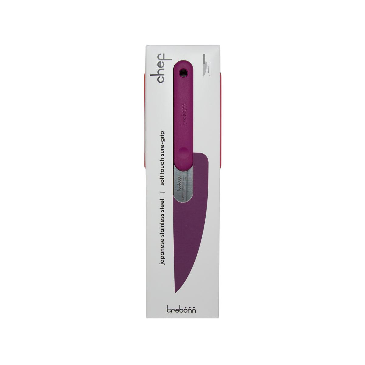 Purple chef knife with protective cover, shown in TREBONN retail box.