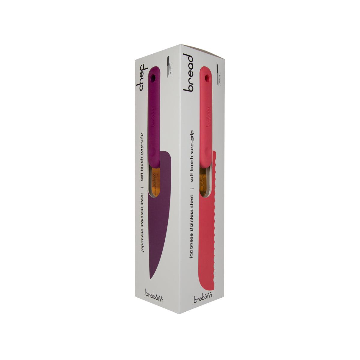 Two-piece knife set packaging with purple and red chef knives, TREBONN box.