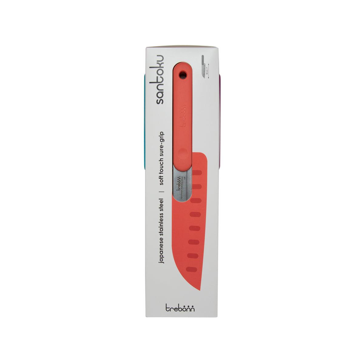 Orange chef knife with ergonomic handle, displayed on TREBONN retail box.