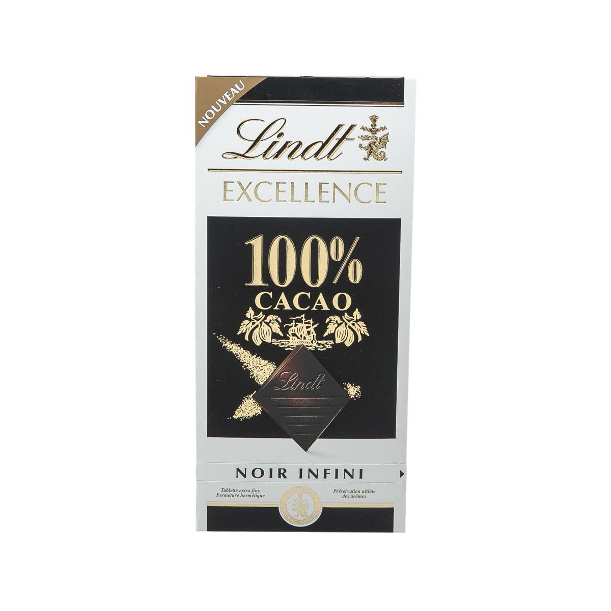 LINDT Excellence 100% cacao dark chocolate bar in black foil wrapper, 50 g
