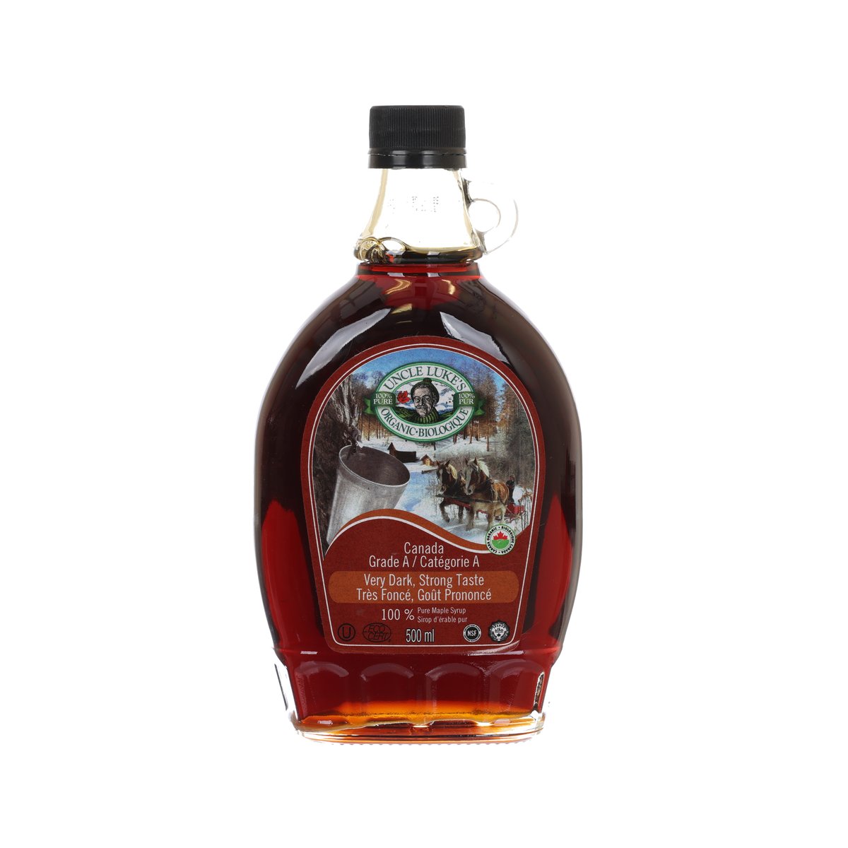 UNCLE LUKE'S organic dark maple syrup bottle with black cap, 500 mL