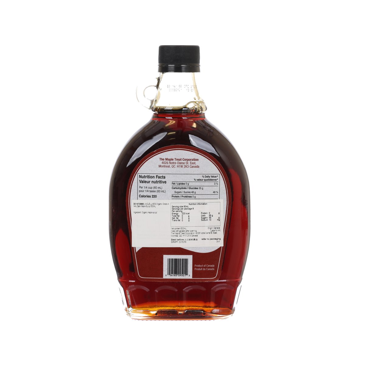 UNCLE LUKE'S organic dark maple syrup bottle back label, 500 mL