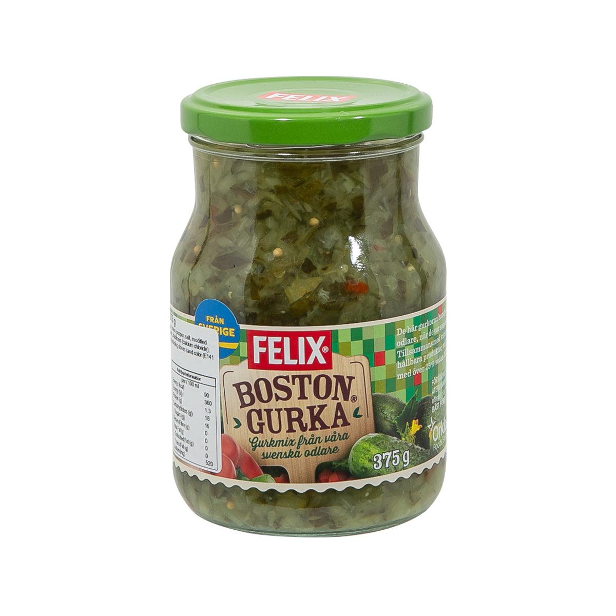 FELIX cucumber relish jar, green lid with front label and sliced pickle pieces