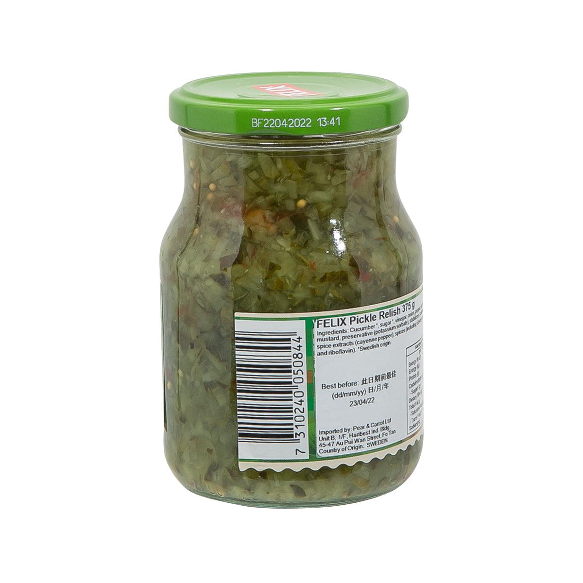 FELIX cucumber relish jar with back label, barcode, and nutrition details