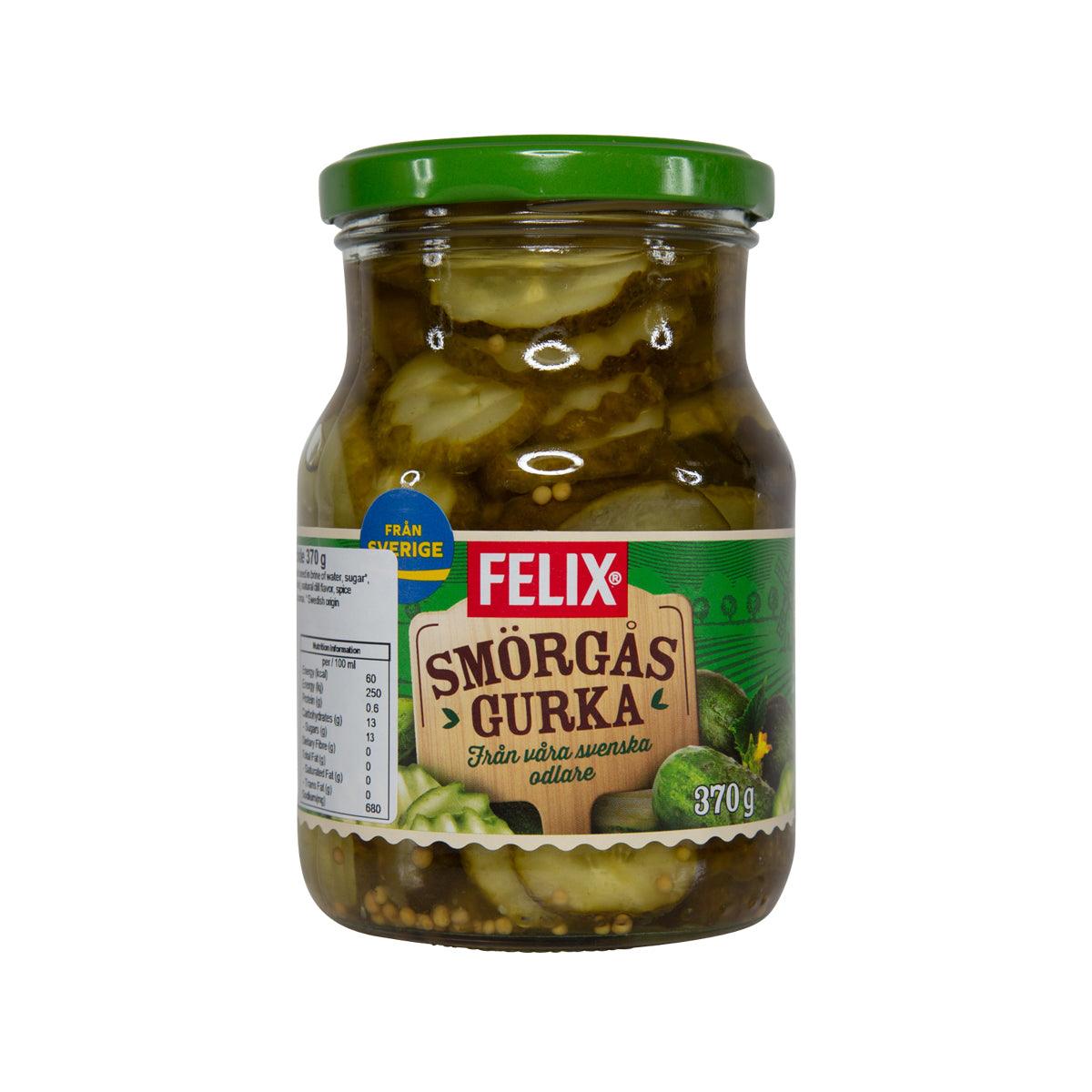 FELIX sliced dill pickle jar with green brined pickle slices, 370 g glass bottle
